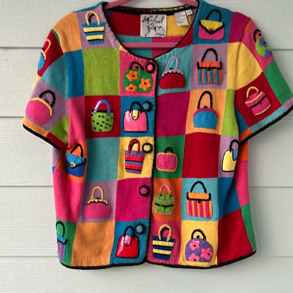 Vintage 1990’s Colorful Purse Appliqué Cardigan